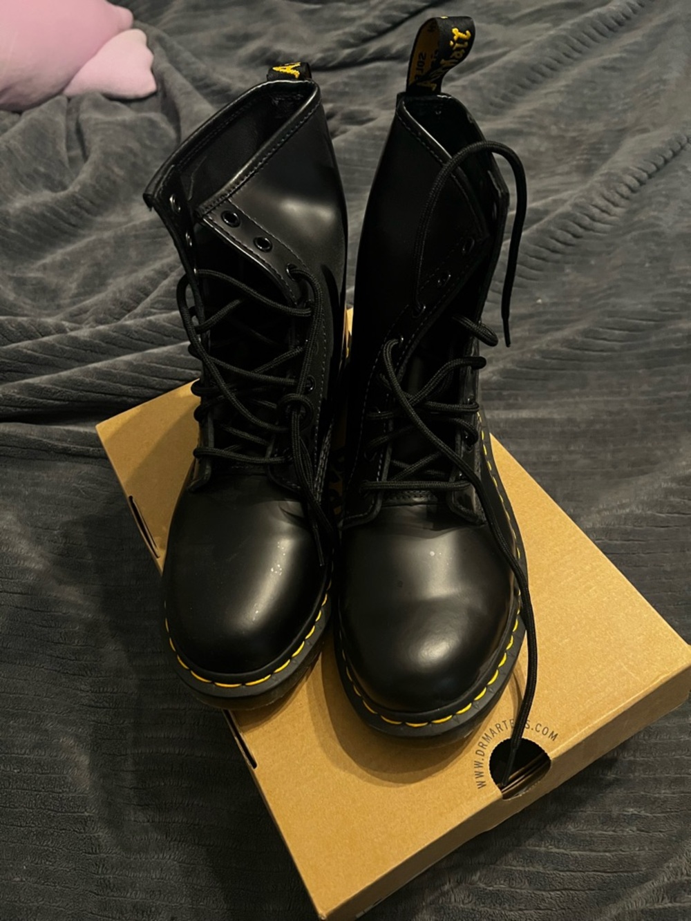 Dr. Martens Black Lace-Up Combat Boots with Yellow Stitching